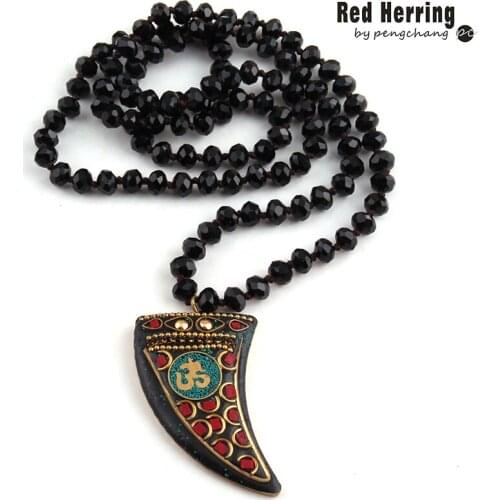 Free Shipping Fashion Black Long Crystal Glass Knotted OM Ox Horn Necklaces For Yoga Jewelry
