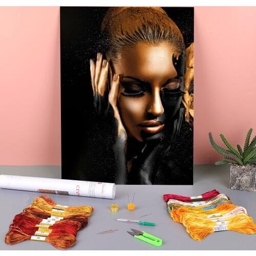 Black And Gold Woman Printed Fabric 11CT Cross-Stitch Full Kit Embroidery DMC Threads Handmade Needlework Sewing Sales