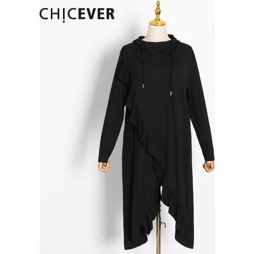 CHICEVER Black Casual Dress For Women Hooded Long Sleeve Asymmetric Loose Patchwork Ruffles Dresses Female 2021 Spring New