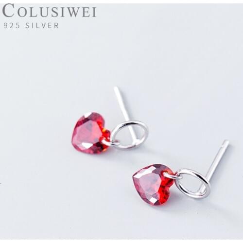 Colusiwei Round and Heart Tiny Drop Earrings for Women Girl Korean Style Earrings Red CZ Stone 925 Sterling Silver Jewelry