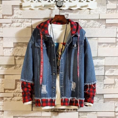 #7129 2020 Spring Fake Two Piece Patchwork Streetwear Denim Jacket Men Plus Size 3XL Hip Hop Ripped Jeans Jacket Hooded Unisex