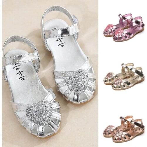 Kids Baby Girls Soft Sole Sandals Toddler Summer Shoes Heart Sandal Sequins Bow Dance Party Dress Performance Flat Sandals