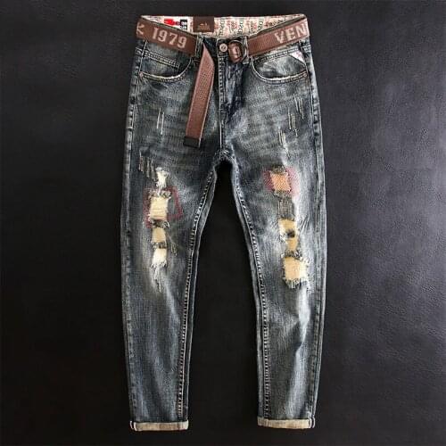 Newly Street Style Fashion Men Jeans Retro Destroyed Ripped Jeans Men Embroidery Designer Elastic Slim Fit Hip Hop Denim Pants