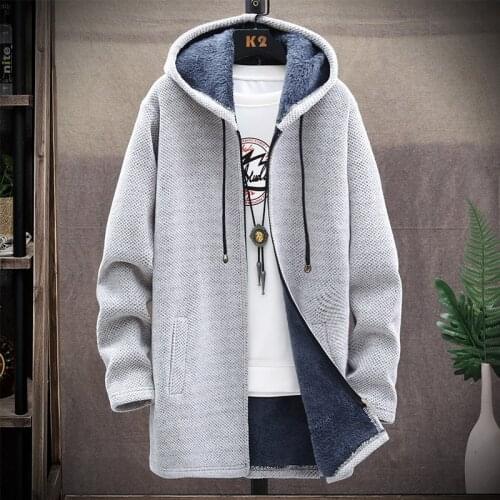 Korean Mens Fleece-lined Windbreaker Thick Long Trench Coat Solid Cardigan Casual Hooded Sweater Coats Male 5 Color M-3XL 6619
