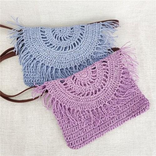 Small fresh braided diagonal bag ethnic style paper rope crochet tassel shoulder bag beach bag holiday style new