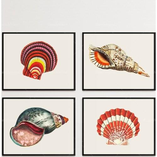 Nautical wall art, four shells, color art for kindergarten, Giclee prints, red and blue shells, clam shells, baby room art, deco