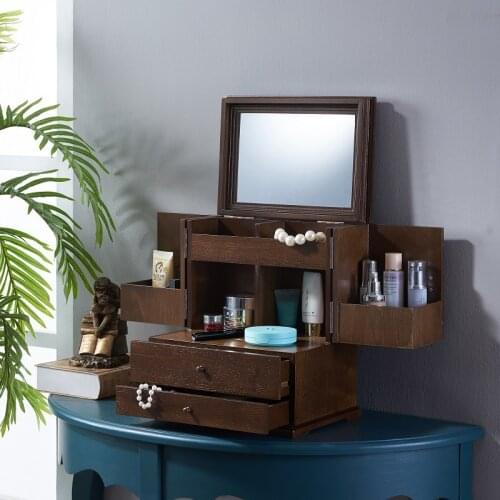 Nordic Style Wooden Dresser Jewelry Box Cosmetics Boxes Multilayer Storage Box Multifunction With HD Makeup Mirror Skincare Box