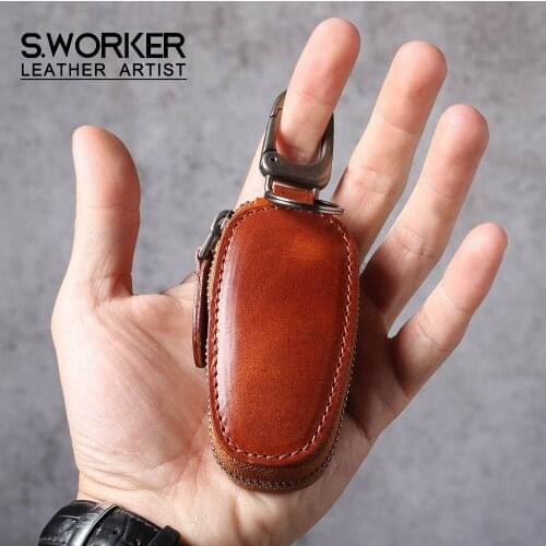 S.WORKER Handmade Genuine Leather Key Chain Mens Fashion Waist Car Key Chain Remote Case Multifunction Vintage Style Women