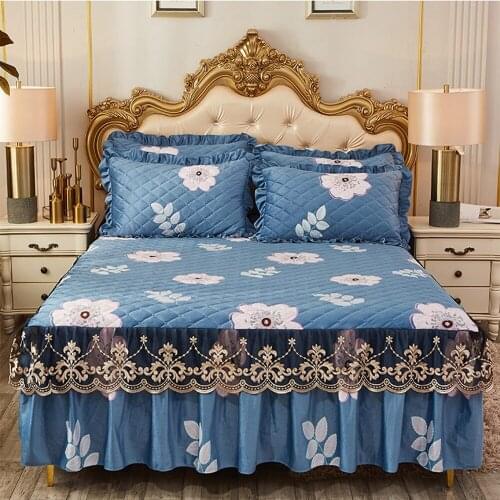 Warm In Winter Bed Plush Thicken Coral Velvet Blue Print Bed Skirt High Grade Luxury Bed Cover Skirt King Queen Pad Bedspread