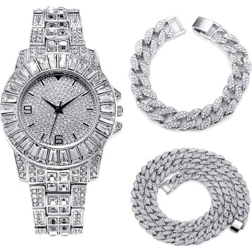 Hip Hop Rapper Iced Out Luxury Gold Watch for Men Women Iced Out Rhinestone Miami Curb Cuban Chain Necklaces for Men Jewelry Set
