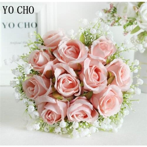 YO CHO Artificial Flower Wedding Bouquet Silk Rose Babys Breath Bouquet Flower Bridal Girl Wedding Planner Supplies Home Decor