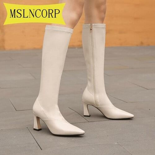 Big Size 34-43 Woman Boots High Heel Knee-High Classic Boots Leather Zip Boots Fashion Trend Comfortable Party Dress Dance Shoes
