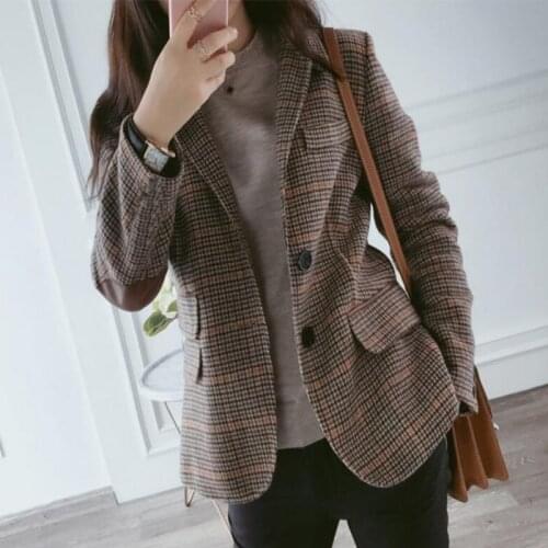 Vintage Women Plaid Blazers Autumn jacket Patchwork Women Classic Suit Coat Formal Lady Single Breasted Outwear A82901