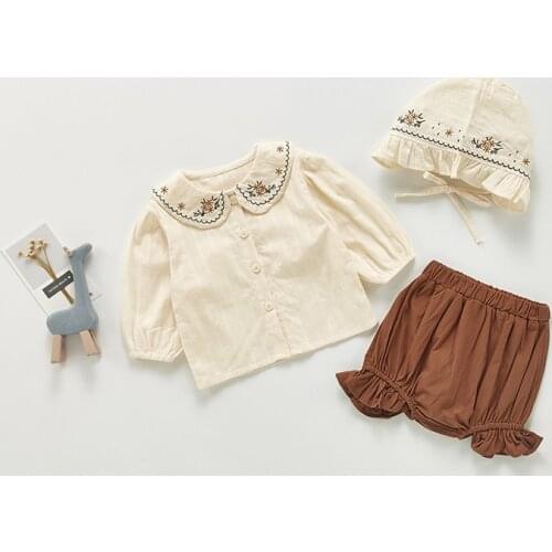 2021 Baby Autumn Suit Baby Clothing Set Toddler Girls Clothes Suit Peter Pan Collar Blouse Shorts And Hat 3Pcs Suit