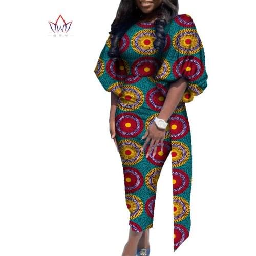 Bintarealwax African Dresses for Women Bazin Riche Puff sleeve Party Dress Dashiki Sexy Plus Size African Clothing WY111