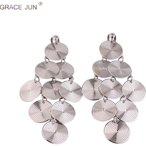 GRACE JUN Multi-layer Round Geometric Clip Earrings for Women Fashion Long Without Pierced Ethic Earrings