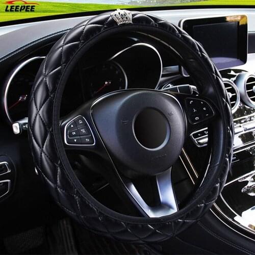 PU Leather Car Interior Accessories 37-38CM Diameter Car-styling Crystal Crown Steering Covers Steering Wheel Cover