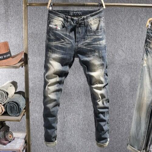 European Vintage Fashion Men Jeans Retro Yellow Blue Elastic Slim Fit Ripped Jeans Men Distressed Designer Casual Denim Pants