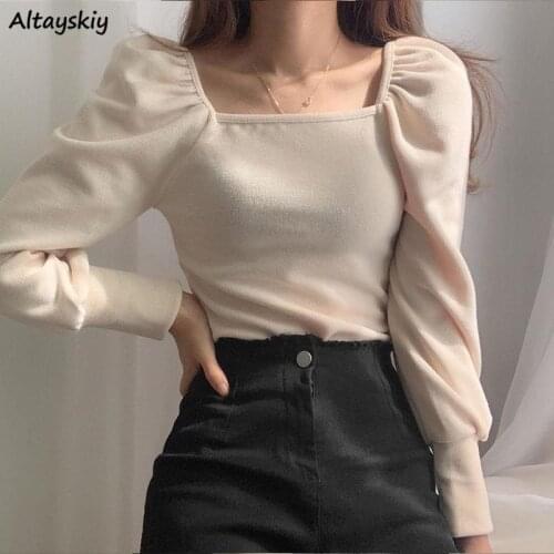 T-shirts Women Long Sleeve Spring-autumn Pure Color All-match Square Collar Harajuku Korean Style Slim Mujer Students Female Ins