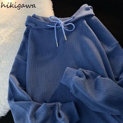 Hikigawa Oversized Hoodies Women Harajuku Streetwear BF Hooded Pullovers 2021 Korean Fashion Pocket Casual Sweatshirts Mujer