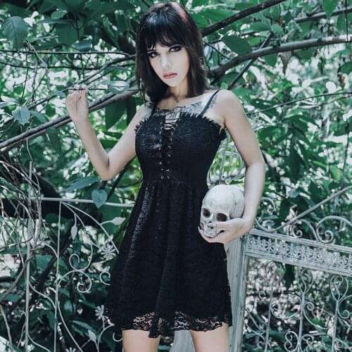 InsGoth Lace Vintage Dress Spaghetti straps Sexy Black Mini Dress Women Gothic Streetwear Pleated Hollow Out Summer Dress