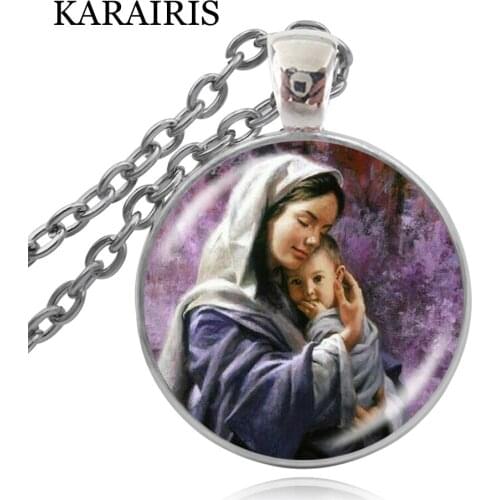 KARAIRIS Virgin Mary with Child Pendant Necklace Glass Print Jewelry Mother of Baby Jesus Christ Christian Catholic Religious