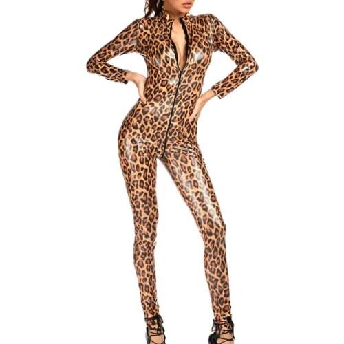 Leopard Faux Leather Jumpsuits Front Zipper Open Crotch Latex Catsuit Plus Size Erotic Lingerie PVC Clubwear Bodysuit Playsuit