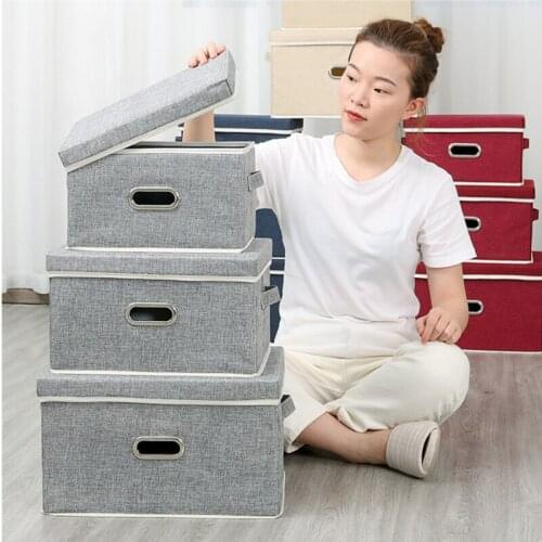 Cotton Linen Storage Box with Lid Clothes Organizer Snacks Sundries Container Toy Storage Boxes Bedroom Closet Cosmetic Foldable