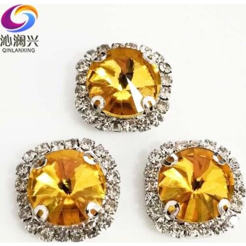 Round shape top glass crystal rhinestones with hole,Golden yellow Silver bottom sew on stone for Diy Clothing accessories SWWK20