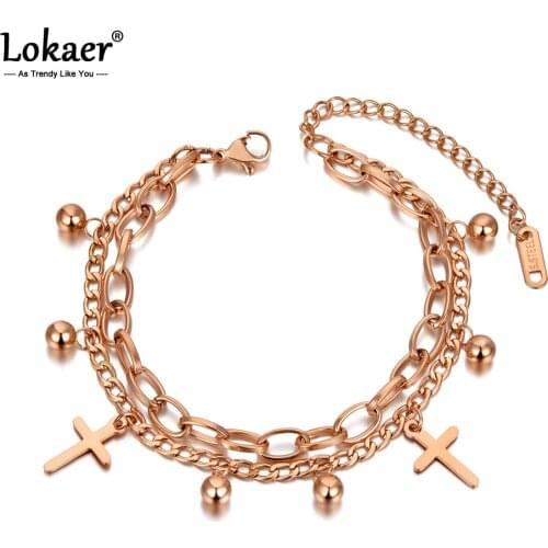 Lokaer Titanium Stainless Steel Bohemia Beach Double Layer Bracelets For Women Girls Trendy Cross & Ball Charm Bracelet B20136