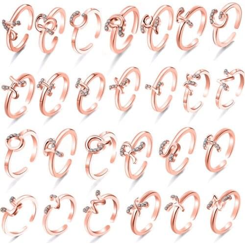 Trendy Hollow A-Z Letter Gold Color Crystal Adjustable Opening Ring Initials Name Alphabet Female Wedding Jewelry for Women