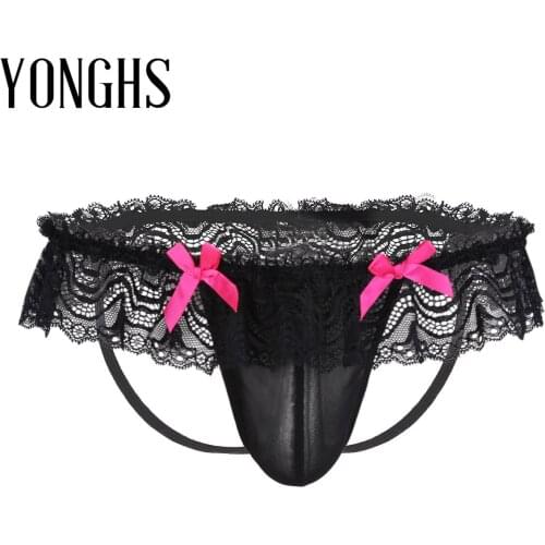 Mens Exotic Lingerie Sex Underwear See Through Mesh Lace Bowknot Open Butt Panties Jockstrap Bikini Briefs Sexy Gay Underwear