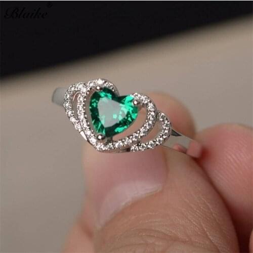 Blaike Simple Fashion Heart Crystal Green Zircon Wedding Rings for Women Silver Color Birthstone Promise Ring Lady Jewelry