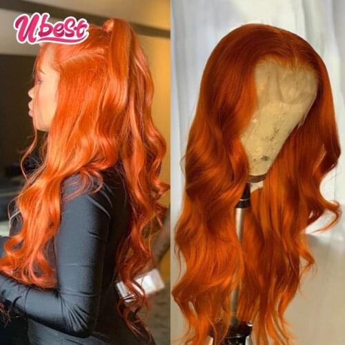 Ubest Transparent Ginger Orange Colored Human Hair Wigs Malaysian Lace Front Wig Body Wave Virgin Pre Plucked 30" Lace Wigs
