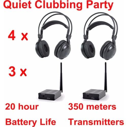 Professional Silent Disco compete system wireless headphones - Quiet Clubbing Party Bundle (4 Headphones + 3 Transmitters)