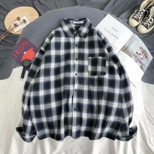 Hong Kong style ins plaid shirt mens spring and autumn long-sleeved shirt Korean trend handsome jacket casual couple shirt