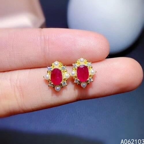 KJJEAXCMY fine jewelry 925 sterling silver inlaid natural ruby Womens fashion exquisite pearl Gemstone Earrings stud support te