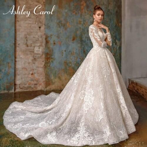 Ashley Carol Long Sleeve Wedding Dress 2020 Elegant Scoop Bride Beading Lace Up Princess A-Line Bridal Dresses Robe De Mariee