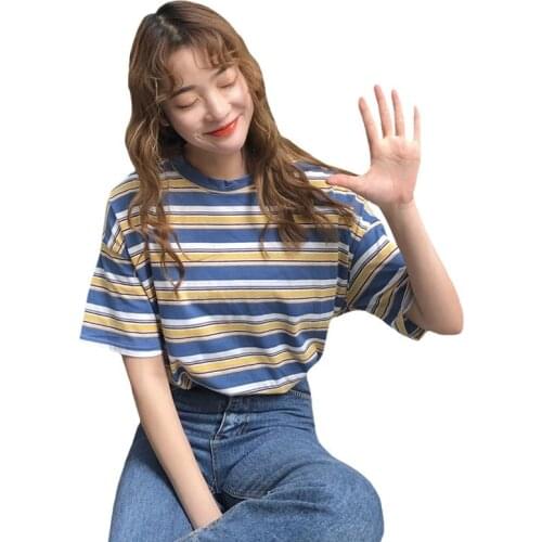 Harajuku Vintage Girl friends stripe Printed t-Shirts Summer Women Casual Loose Short Sleeve Tee Tops Femme