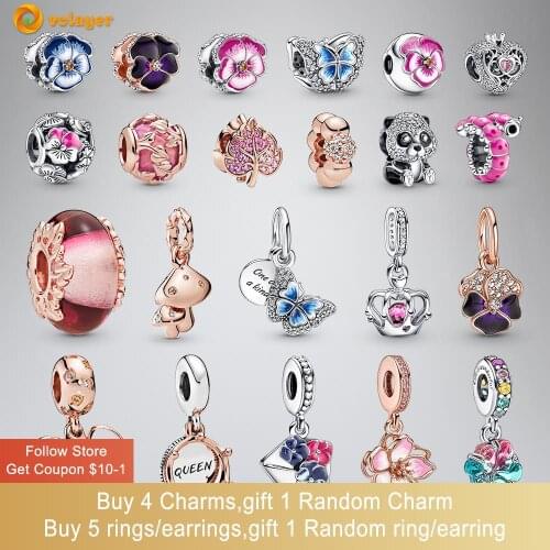 Volayer 925 Sterling Silver Beads Pink Pave Leaf Queen&Regal Crown Charms fit Original Pandora Bracelets Women Jewelry Making