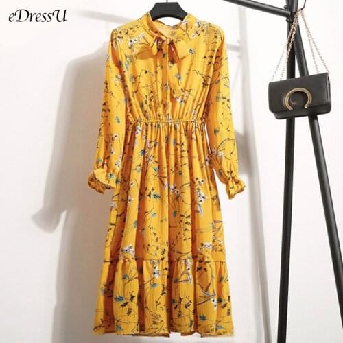 2020 Women Print Dress NEW Spring Summer Chiffon Dress Bohemian Mid-Calf Sweet Holiday Flower Dot Lady Dress Daily Wear GH-8010