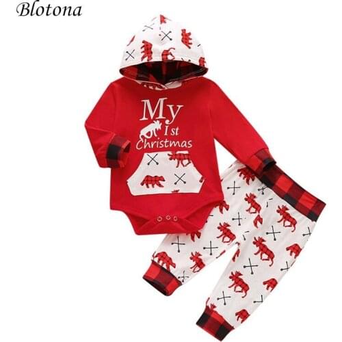 Blotona Baby Christmas Set Hooded Long Sleeves Crotch Bottoms Romper Top, Dinosaur Pants Jogger Trousers 2Pcs Outfits 0-12M