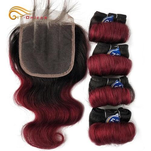 Brazilian Curly Hair 4 Bundles With Closure 1B/27/30 Burgundy Ombre Bundles With Closure Remy Human Hair Weave Closure Bodywave