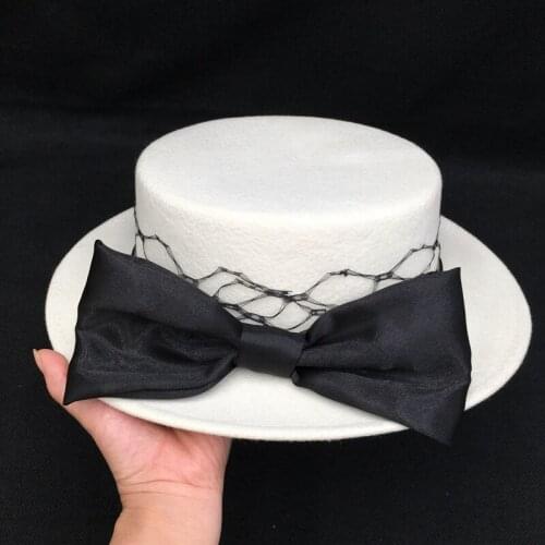 French retro elegant bow grid ceiling wide-brim hats wool lady sweet ins fashion