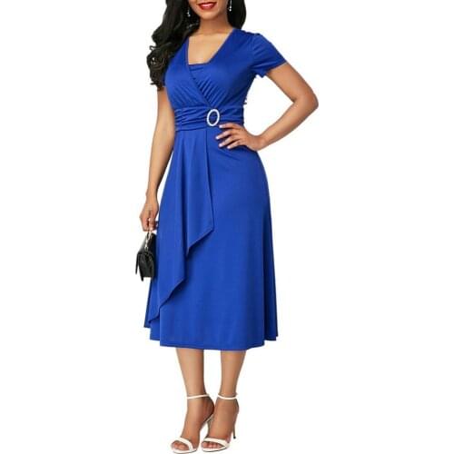 HOT SALE New Arrival Fashion Plus Size Dress Women Short Sleeve Asymmetric Hem Waist Tight Large Swing Midi Evening Party Dress