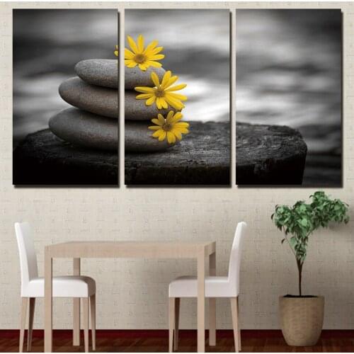 Canvas Paintings Wall Art HD Prints Pictures 3 Pieces Stones Yellow Paris Daisy Flowers Peaceful Poster Living Room Home Decor