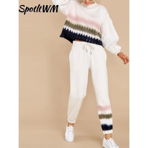 SpotltWM Women Stripe Print Two Piece Set Long Sleeve O-neck Pullover Top And Drawstring Pant Suit Tie Dye Loungewear Tracksuits