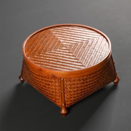 Retro Style Natural Bamboo Tea Set Storage Box For Teacup Teapot Durable Handmade Round Tea Tray For Home Hotel Office Teahouse