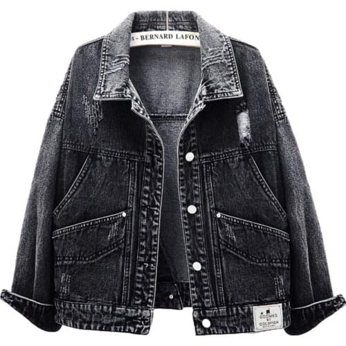 Spring Autumn Harajuku Hole Short Denim Jacket Women Plus Size Loose Long Sleeve Vintage Jeans Coat Female Outerwear Tide H1260
