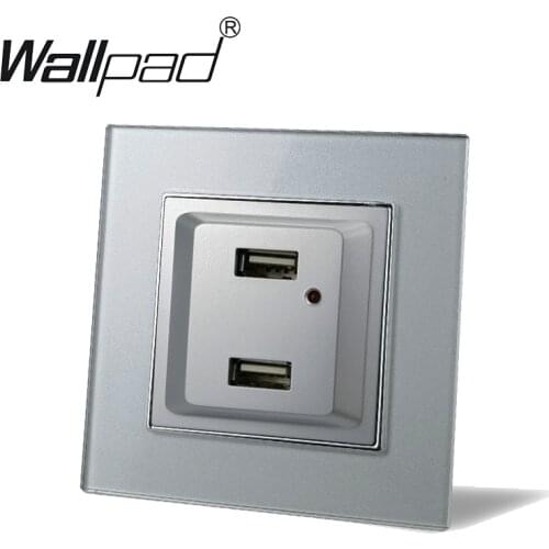 EU Silver Double USB Socket Wallpad Silver Tempered Glass EU Standard 2 Usb Outlet Wall Phone Charger